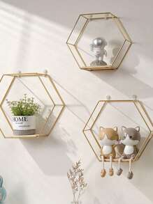 Juego de 3 repisas de pared hexagonales doradas, estantería y organizador de almacenamiento de hierro art para decoración colgante, estantería y soporte de adornos