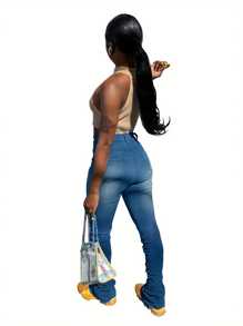 Women Stacked Denim Leggings Casual High Waist Skinny Ripped Bell Bottom Denim Pants With Pockets