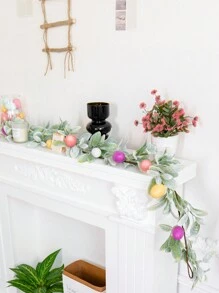 1 个带兔叶的复活节彩蛋花环 - 66.9 英寸人造复活节彩蛋花环，复活节装饰乡村节日餐桌中心装饰，无需电源，易于悬挂，节日中心装饰 | 乡村魅力 | 叶子设计，家居复活节装饰