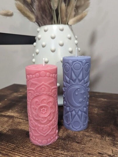 太阳星月浮雕圆柱蜡烛模具、弯月树脂水晶工艺品、手工制作 DIY 桌面装饰艺术饰品、带月亮的星星家居装饰和礼品创意、石膏铸模 - 可重复使用硅胶、自制冥想蜡烛