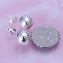 Brincos de prata esterlina 925 8/10 mm redondos, lisos, com contas sólidas, para mulheres, joias para festa de casamento e noivado