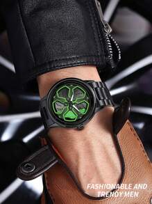 VA VA VOOM 1 Peça Relógio de Quartzo para Homens com Pulseira de Aço Inoxidável Preta, Mostrador do Carro Mi, Relógio Esportivo nas Cores Verde, Vermelho, Amarelo e Branco, Casual Esportivo 42mm, Presente Minimalista Marca Va Va Voom, Movimento de Quartzo Original para Homens