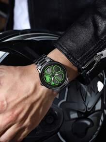 VA VA VOOM 1 Peça Relógio de Quartzo para Homens com Pulseira de Aço Inoxidável Preta, Mostrador do Carro Mi, Relógio Esportivo nas Cores Verde, Vermelho, Amarelo e Branco, Casual Esportivo 42mm, Presente Minimalista Marca Va Va Voom, Movimento de Quartzo Original para Homens