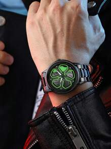 VA VA VOOM 1 Peça Relógio de Quartzo para Homens com Pulseira de Aço Inoxidável Preta, Mostrador do Carro Mi, Relógio Esportivo nas Cores Verde, Vermelho, Amarelo e Branco, Casual Esportivo 42mm, Presente Minimalista Marca Va Va Voom, Movimento de Quartzo Original para Homens