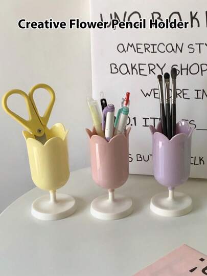 Cute Tulip Shaped Pen Holder Makeup Brush Organizer Vintage Plastic Round Decor