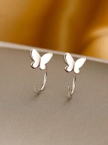 1 Pair Fashionable Minimalist Exquisite Alloy Butterfly Hoop Earrings For Women, Suitable For Daily Wear And Gifts - Silver - View 5