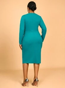 Plus Size Spring Green Easter Asymmetric Hollow Out Long Sleeve Ruched Button Front Bodycon Work Dresses For Birthday, Wedding Guest, Graduation, Dinner, Homecoming - Green - View 4