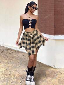 Y2K Street Plaid Print Tie Front Asymmetrical Hem With Cover Up Shorts