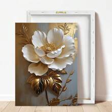 1 pieza, Pintura colgante de lienzo, Pintura decorativa enmarcada, Póster, Arte de pintura de óleo floral blanca elegante con hojas doradas - Decoración de pared abstracta moderna para sala de estar, dormitorio, oficina, etc. - Pintura al óleo enmarcada en HD, regalo perfecto para Halloween, Acción de Gracias, Navidad, decoración de habitaciones, pasillo, cafetería, biblioteca, baño