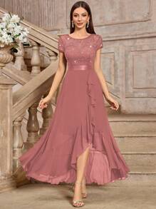 MIUSOL Sequin Floral Lace Contrast Color Chiffon Short Sleeve Ruffle Hem Maxi Evening Dress - Dusty Pink - View 2