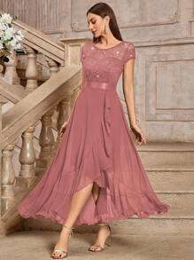 MIUSOL Sequin Floral Lace Contrast Color Chiffon Short Sleeve Ruffle Hem Maxi Evening Dress - Dusty Pink - View 7