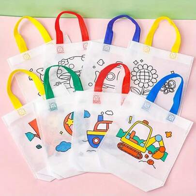 8pcs DIY Non-Woven Graffiti Tote Bags, Cartoon Painting Handmade Art Craft Bags, Reusable Birthday Party Gift Bags (Strap Color Random, Markers Not Included)