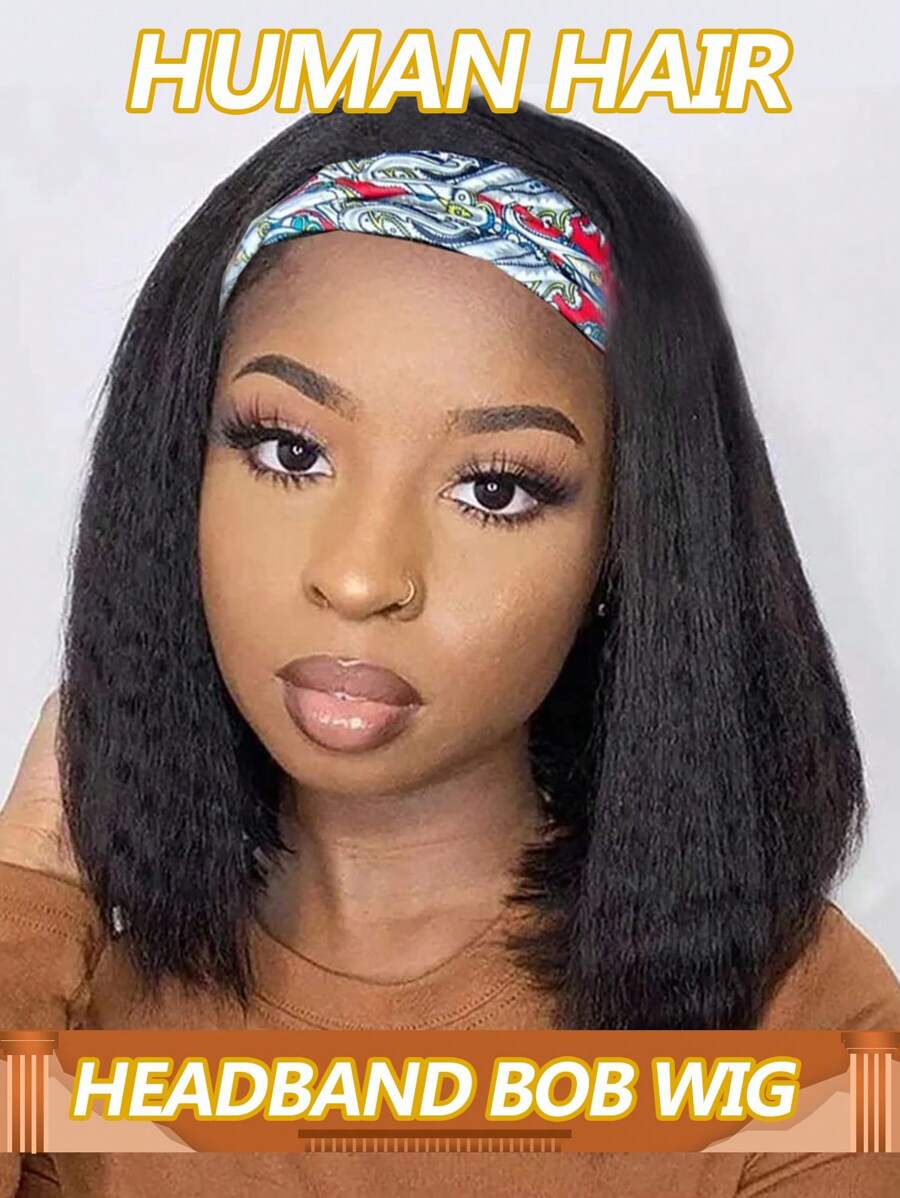 直发头箍假发，柔软自然，如真人发丝般，无胶头箍假发，女士长款黑色意大利雅基真人发假发，200% 密度 - Natural Black - 查看 1