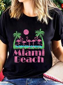 Miami Beach T Shirt Pink Flamingo Souvenir Men Women T-Shirt  Cotton Graphic Tee For Women, Round Neck Short Sleeve Casual Tops