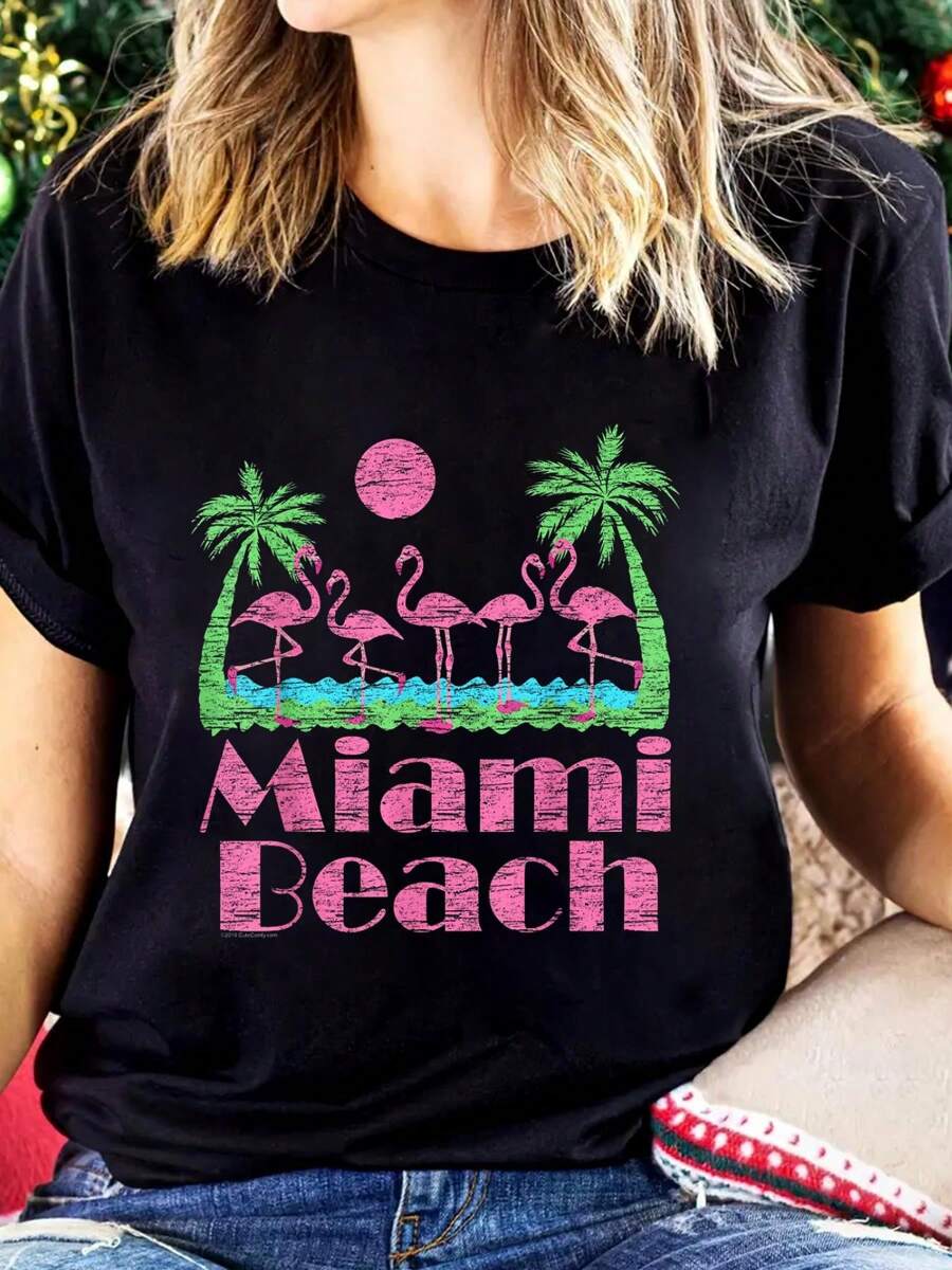 Miami Beach T Shirt Pink Flamingo Souvenir Men Women T-Shirt  Cotton Graphic Tee For Women, Round Neck Short Sleeve Casual Tops