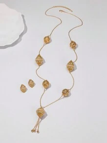 3pcs/Set Ramadan Lantern Hollow Earrings, Tassel Long Necklace, Gold Jewelry Set For Women, Party/Formal Dress Accessory