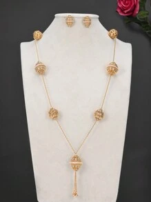 3pcs/Set Ramadan Lantern Hollow Earrings, Tassel Long Necklace, Gold Jewelry Set For Women, Party/Formal Dress Accessory