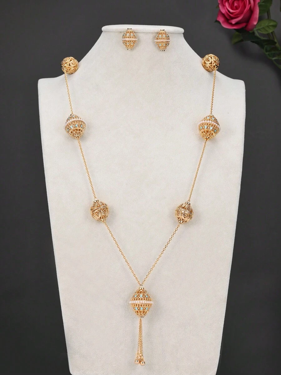 3pcs/Set Ramadan Lantern Hollow Earrings, Tassel Long Necklace, Gold Jewelry Set For Women, Party/Formal Dress Accessory