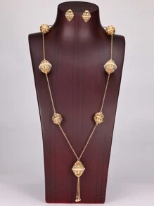 3pcs/Set Ramadan Lantern Hollow Earrings, Tassel Long Necklace, Gold Jewelry Set For Women, Party/Formal Dress Accessory