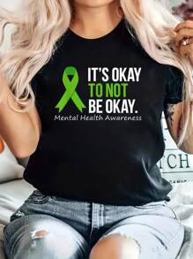 Its Okay To Not Be Okay Shirt Mental Health Awareness Ribbon T-Shirt  100% Cotton, Breathable & Comfort Fit, Short Sleeve Crew Neck Top For All Seasons - 黑色 - 查看 1