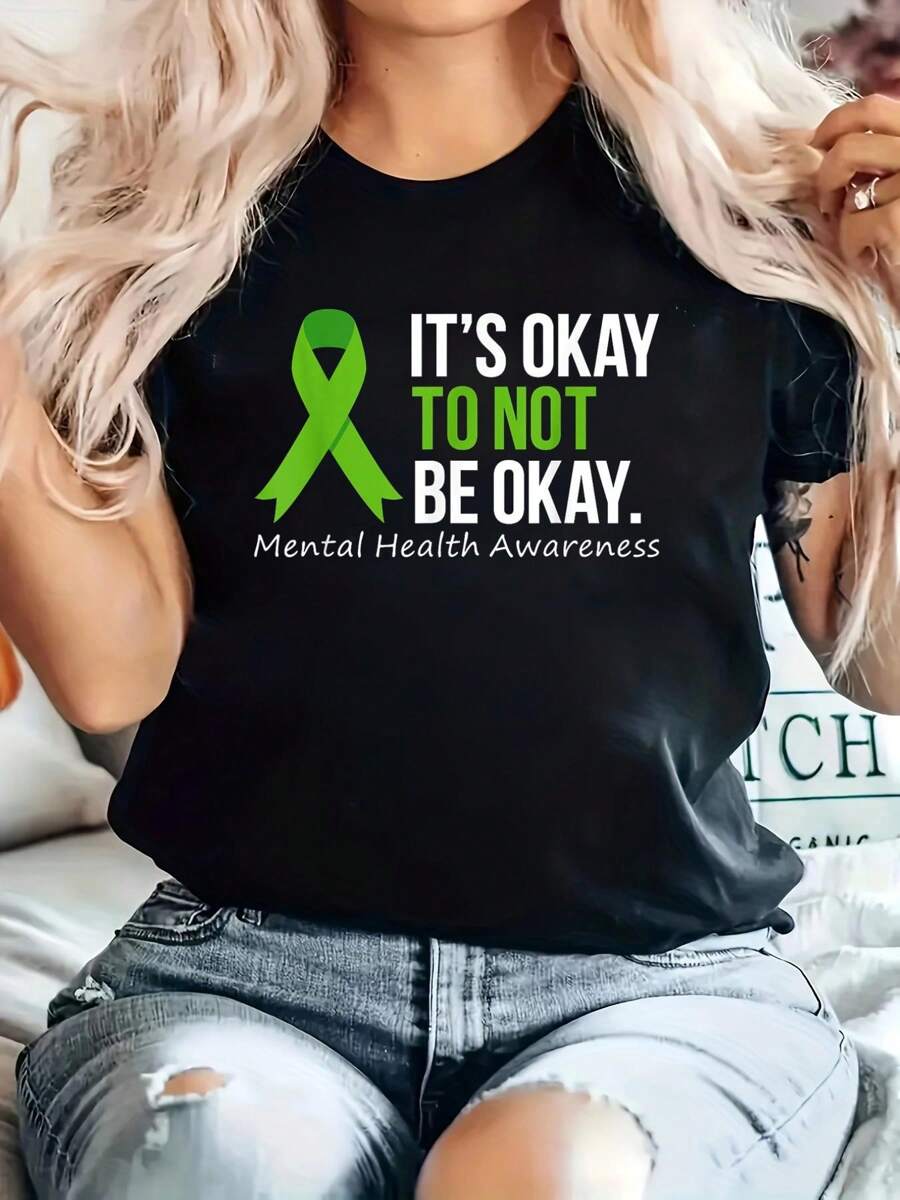 Its Okay To Not Be Okay Shirt Mental Health Awareness Ribbon T-Shirt  100% Cotton, Breathable & Comfort Fit, Short Sleeve Crew Neck Top For All Seasons - 黑色 - 查看 1
