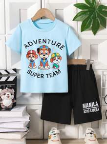 2pcs/Set Young Boy Summer Short Sleeve T-Shirt And Shorts Set, 3 Little Dogs Print, Casual Sports Outfit - Baby Blue - View 4