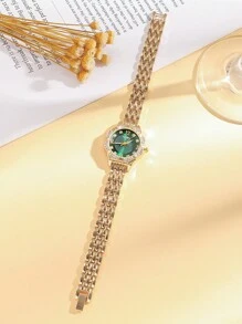 Reloj de cuarzo con esfera redonda enchapada en acero y diamantes de imitación en una escala mixta, atractivo para adolescentes, adecuado como regalo de cumpleaños, regalo para adolescentes, regalo de Año Nuevo, etc. 1 pieza/set