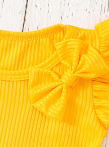 2pcs Baby Girls Casual Bow Ribbed Tee And Sunflower Printed Shorts Set - Yellow - View 3