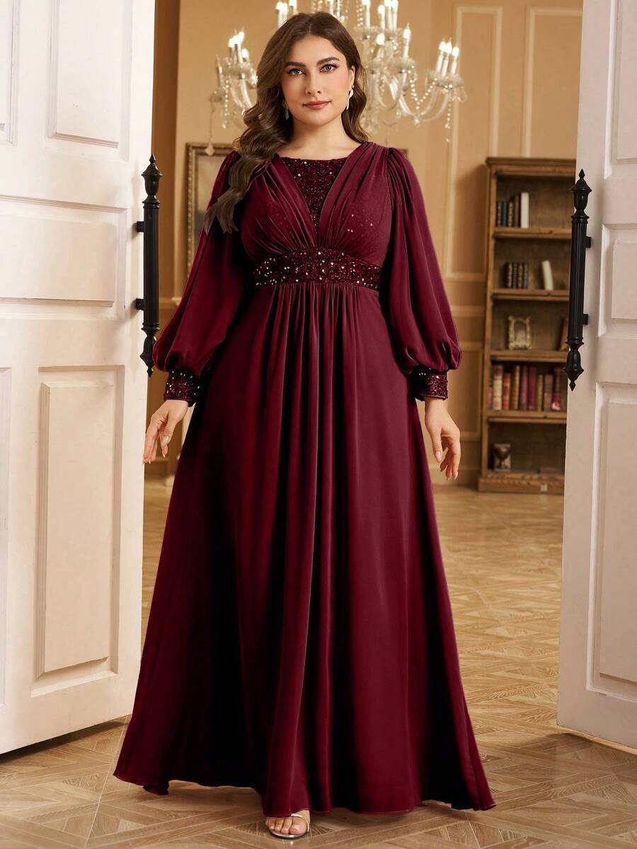 SUPGIR Đầm cỡ lớn cổ tròn tay phồng xếp ly ngực, đính sequin, dáng chữ A, đầm cocktail thanh lịch, đầm dự tiệc cưới, đầm dự tiệc, đầm dạ hội, đầm mùa xuân - Màu Đỏ Sâu - Xem 1