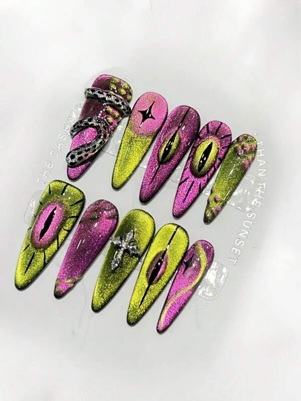 10 pièces Autocollants d'ongles extra longs et pointus, œil de chat néon, pêche, rose, vert, jaune, œil de démon, croix, décalcomanies d'art pour les ongles faites à la main, convenant pour le port quotidien, les vacances, les fêtes. Autocollants d'ongles adhésifs réutilisables avec 1 pièce de tampon à ongles et 1 pièce de lime à ongles. Faux ongles à presser faits à la main