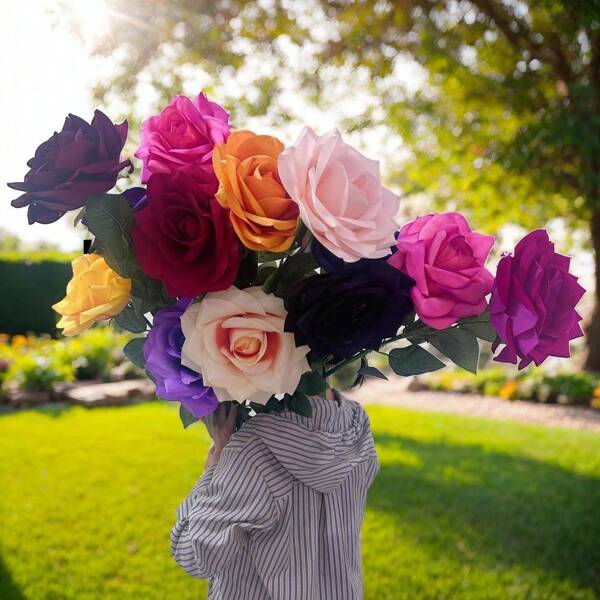 1 Peça Rosa Gigante Feita à Mão de 32,99 cm de Diâmetro, Comprimento de 126 cm, Flores Falsas de Rosa de Veludo Multicoloridas, Buquê de Casamento, Cenário de Fotografia, Decoração Doméstica