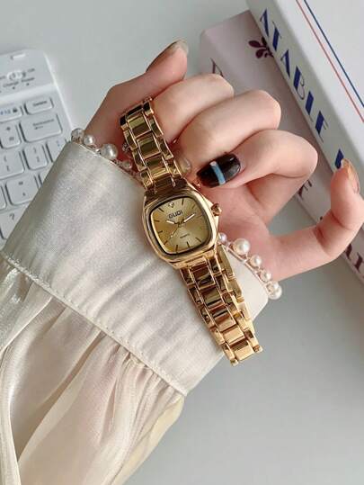 GUQI 1PC 女士时尚简约优雅石英表，金色可调节不锈钢表带，复古奢华轻奢百搭精致手表，甜美可爱方形腕表，非常适合生日、返校、日常佩戴、晚宴等场合装饰手腕