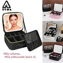 YUDA YUDA Bolsa de maquillaje para viaje con espejo, gran capacidad, caja de almacenamiento de cosméticos, bolsa de maquillaje portátil para viaje con espejo con luz LED, accesorios de maquillaje para bolsa de almacenamiento de viaje, bolsa de maquillaje, bolsa de cosméticos, organizador de vacaciones, organizador de maquillaje de gran capacidad, estuche de maquillaje, para lápiz labial, brochas, cuidado de la piel, teléfono móvil, monedas, artículos pequeños, para uso en el hogar, regalo, vacaciones y festivales de Halloween, Navidad, multiusos