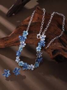 SophiaXuan 1 Set 2 Stücke Schmuckset im Boho-Stil, elegant, schlicht, niedlich, aus blau emaillierter Zinklegierung mit Blumenmotiv, bestehend aus Halskette und Ohrringen, geeignet für den täglichen Gebrauch von Frauen, Partys, Valentinstag Geschenk - Geometrie - Übersicht 8