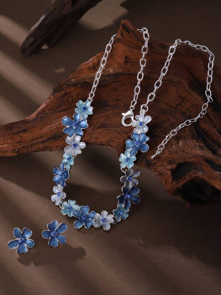 SophiaXuan 1 套 2 件波西米亚风格优雅简约可爱蓝色珐琅锌合金花卉首饰套装、项链和耳环，适合女性日常佩戴、派对、情人节礼物 - 幾何 - 查看 7