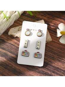 3 对精美木制书本铅笔蜡笔溜冰鞋耳钉设计套装，适合返校教师礼物