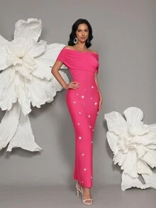 Handmade Beaded Off Shoulder Bodycon Bandage Dress, Sexy & Fitted, Suitable For Family Gatherings, Parties, Formal Events - Hot Pink - View 2