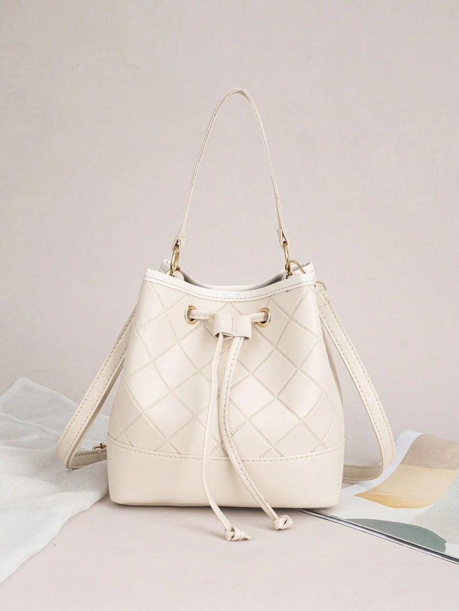 Women's Drawstring Bucket Tote Bag, Plaid Pattern, Large Capacity, Shoulder Bag And Handbag, New Fashion Design - Beige - View 1