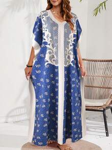 女士中东风格 V 领长袍，休闲宽松花卉印花开叉海滩罩袍 - 寶藍色 - 查看 2