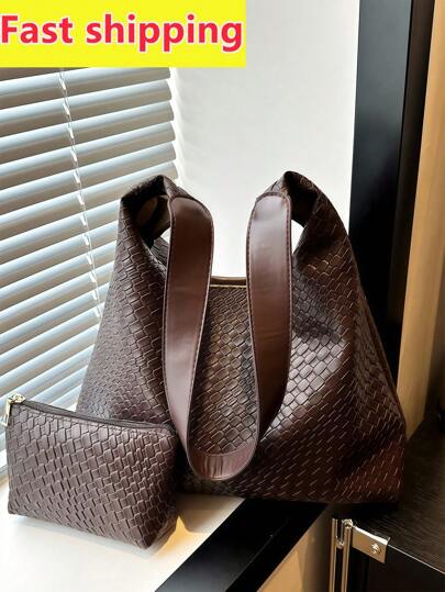 时尚 2 件/套纯色编织图案 PU 皮革手提包带手拿包零钱包，休闲大容量户外度假旅行单肩包，轻便日常腋下包，适合通勤、工作和外出，多功能购物杂货收纳手提包