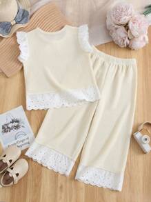 Humor Bear 2 件套女孩时尚针织盖袖上衣，带荷叶边和长裤套装，夏季 - 杏色 - 查看 2