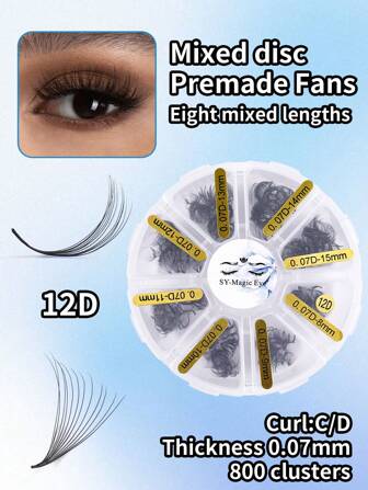 800 piezas/Caja, 8-15mm de longitud mixta, 0.07mm de grosor, extensiones de pestañas premontadas 4D/5D/6D/7D/8D/10D/12D, suaves y naturales, convenientes para viajes y fiestas, extensiones de pestañas hechas a mano