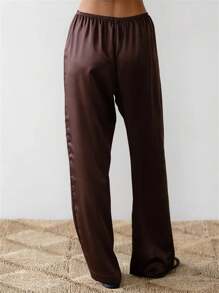 Women Satin Wide Leg Dress Pants Casuel Dressy Long Flowy Pants Solid Color Elastic High Waisted Work Trousers - 棕色 - 查看 4