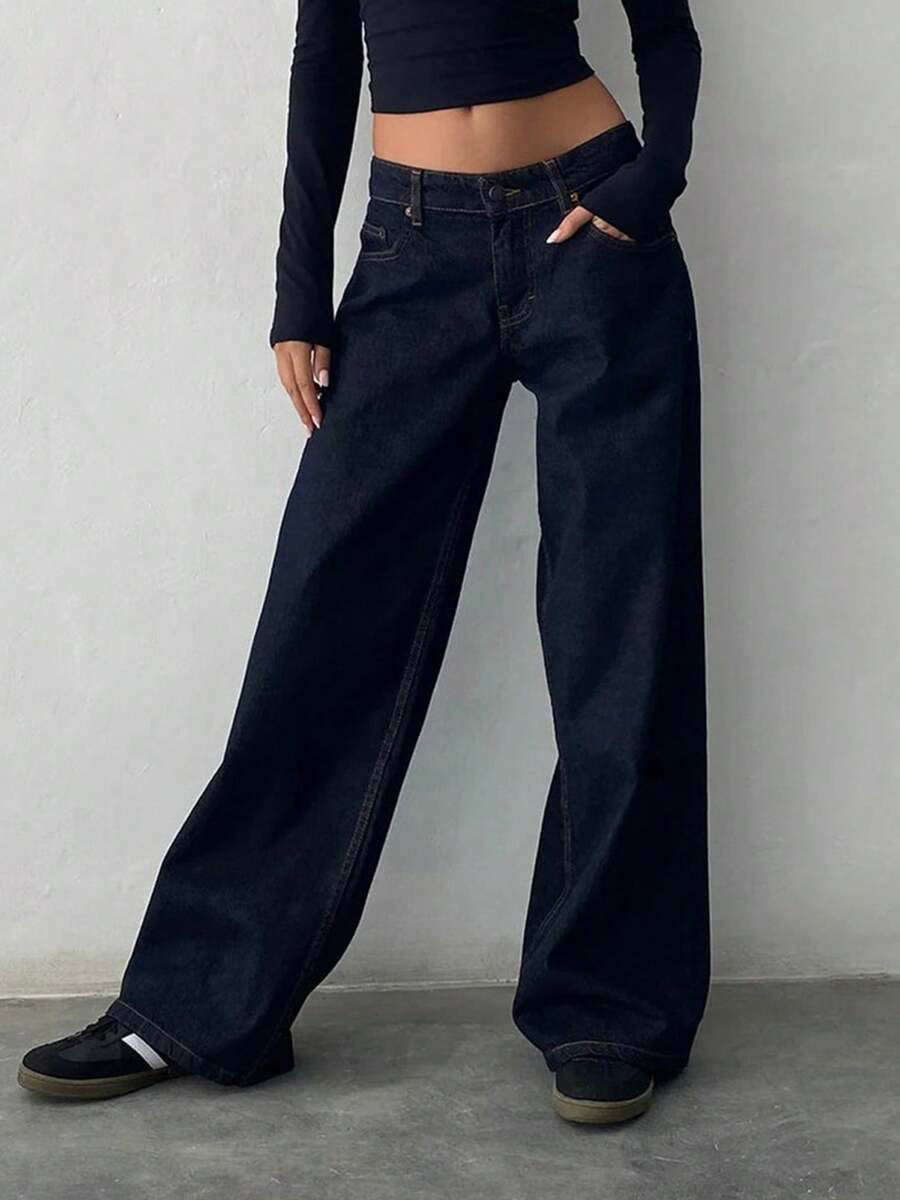 Women Jeans, Low Waist Zipper Button Solid Trousers With Pockets For Daily Streetwear - Dark Blue - View 1