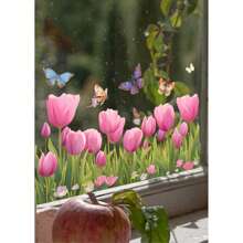 粉色郁金香蝴蝶窗贴,现代风格,哑光饰面花卉图案窗贴,装饰玻璃贴,适用于家庭和商店窗户,适用于玻璃和金属表面,家居装饰,春季新品复活节礼物生日毕业典礼房间装饰墙壁装饰浴室装饰卧室装饰房间装饰用品客厅装饰家居装饰客厅墙纸个性化贴纸 - 彩色 - 查看 3