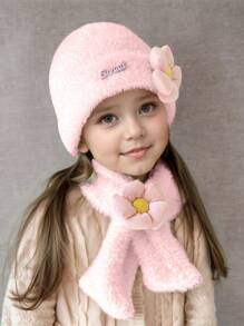 1 件女童针织花帽和围巾套装，冬季加保暖内衬，婴儿幼儿甜美英文字母和人造毛皮 2 件套 - 2PC - 查看 16