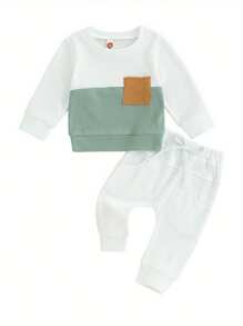 Baby Boys Pants Set, Long Sleeve Crew Neck Contrast Color Sweatshirt With Elastic Waist Sweatpants Infant Clothes - White - View 1