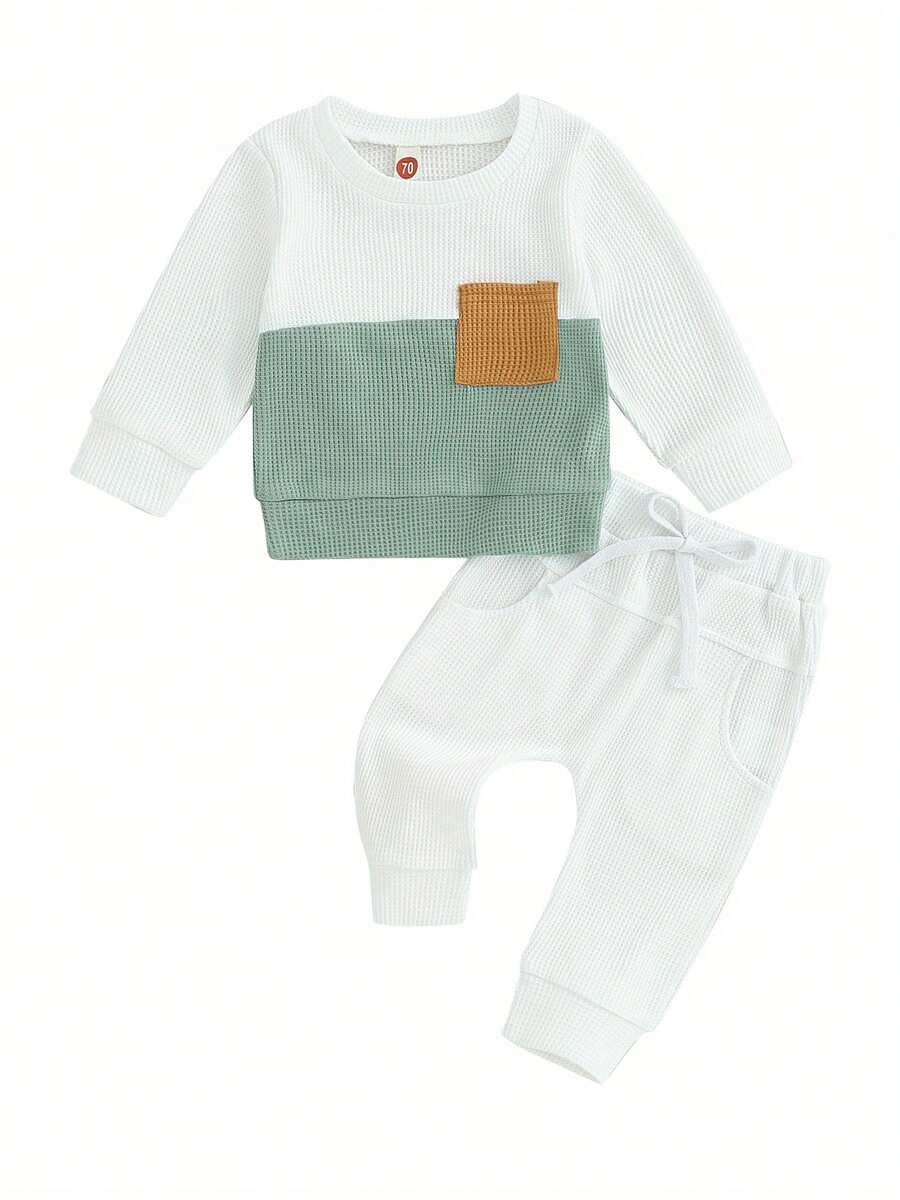 Baby Boys Pants Set, Long Sleeve Crew Neck Contrast Color Sweatshirt With Elastic Waist Sweatpants Infant Clothes - White - View 1