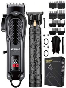 HIENA 1/2pcs Professional Men's Hair Clipper Set, Wireless USB Rechargeable Lithium Battery, ABS Material, Digital Display, Barber And Home Choice, Ideal Home Gift - Black - View 2