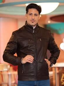 MEN'S LEATHER JACKET CASUAL SUPER STYLISH COMFORTABLE PREMIUM PIECE MOTORCYCLE STYLE - Cà phê nâu - Xem 1